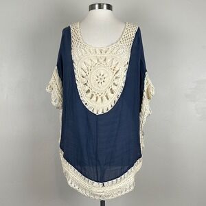 Womens Boho Chic Festival Hippie Coastal Poncho Sz OS Mandala Crochet Navy 70s